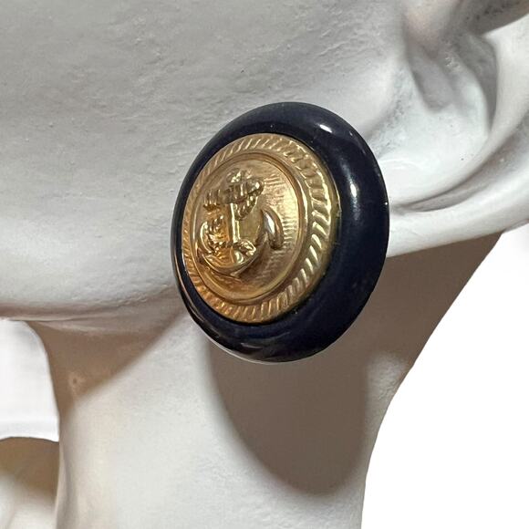 Vintage Nautical Anchor Statement Earrings, Gold and Navy Round Post Earrings - Picture 9 of 13